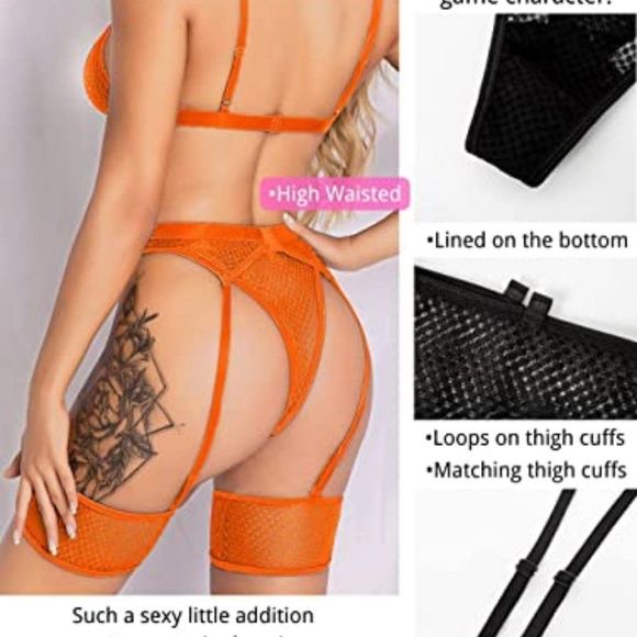 Kaei&Shi 4 Piece,Strappy Triangle Bralette,Thong,Thigh Bands,Garter Lingerie Set - Picture 3 of 3